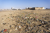 Waste on the beach of Essaouira washed away in part by the Atlantic Ocean, Essaouira, Morocco.