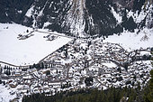 Village under the snow seen from Mount Bochor, Pralognan la Vanoise, France.