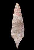 Outils du néolithique. Pointe de lance foliacée à tige plate. Silex beige. Afrique du Nord, Atérien, Paléolithique moyen. 18.5 cm.