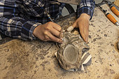 Preparation of fossils using a pneumatic micro-hammer, a pencil-sized tool that works like a mini jackhammer. It blows up rock shards of a few millimeters. If the nature of the stone lends itself to it, the interface between the fossil and the rock that hosts it forms a mechanical heterogeneity. The shards jump preferentially, which really makes it possible to clear the surface of the fossil while preserving it. - Blouet brothers collection