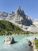 Ponta de Sorapis seen from Lago del Sorapis in the dolomites of the Veneto. These Dolomites are part of the UNESCO world heritage. Europe, Central Europe, Italy