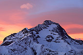 Sunset on the peaks in winter, Les Deux Alpes, Isère, France