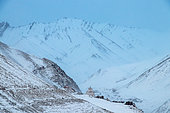 Stupa in winter, Himalayas, Rumbak, Ladakh, India