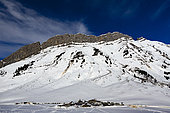 Aravis pass in winter, crossing point between Haute Savoie and Savoie-Haute Savoie, Alps, France