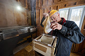 Making maple syrup, 2nd filtration, in a sugar shack in a maple grove at sugar time, Saint-Barthélemy, Lanaudière, Quebec, Canada