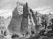 Parc des Buttes-Chaumont, an English-style landscape garden in the northeastern 19th arrondissement of Paris, opened in 1867 for the World's Fair under Napoleon III, France, Historic, digitally restored reproduction of an original 19th century design, exact original date unknown, Europe