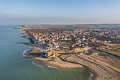 Aerial view of the village of Ambleteuse and its fort (Fort Mahon) at the entrance to the Slack estuary, Opal Coast, Hauts de France, France