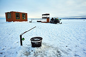 Ice fishing or White fishing, Lake Saint Jean, Saguenay lac St Jean region, Province of Quebec, Canada
