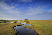 Mont-Saint-Michel from a polder and its winding channel, Manche, Normandy, France