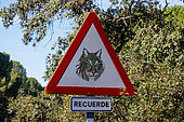 Road sign to protect the Iberian lynx, Sierra de Andújar Natural Park, Sierra de Andújar, Sierra Morena, Andalusia, Spain
