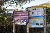 Interpretation panel on the coastal path to Cap Taillat, Ramatuelle, Var, French Riviera, France