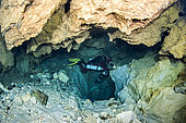 Underground diver above the first well in the Buèges spring, Hérault, France