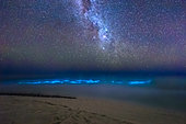 Bioluminescent plankton or phytoplankton under the Milky Way, Mayotte