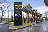 Fast charging station for electric vehicles located on the Romagnieu motorway rest area in Isère on the A43 motorway, France