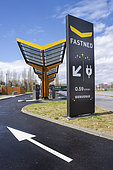 Fast charging station for electric vehicles located on the Romagnieu motorway rest area in Isère on the A43 motorway, France