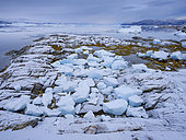 Landscape at the Sermilik (Sermiligaaq) icefjord in the area Ammassalik in East Greenland. North America, Greenland, Ammassalik, Danish territory, autumn