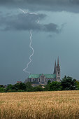 The cathedral and the storm. Storm and lightning over Chartres, Eure et Loir, France