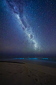 Bioluminescent plankton under the Milky Way, on one of the many islets of white sand in the Mayotte lagoon.