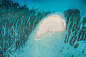 Islet of white sand in the north near the Choisil pass bordered by the coral grooves that form the barrier reef, Mayotte