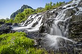 Lofoten waterfall on the hiking trail to Munkebu hut, long exposure, Moskenesøya, Lofoten, Nordland, Norway, Europe