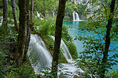 Crystal-clear waterfall in one of the lakes in Plitvice National Park, Croatia