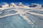 The bluish white landscape of the Torellbreen glacier and the snow-capped mountains of Spitsbergen, Svalbard archipelago