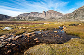 River flowing through a mountain and tundra landscape in autumn in Scoresby Sound, Greenland