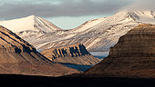 Landscape of snow-capped mountains and glaciers in Isfjord, Spitsbergen island, Svalbard archipelago