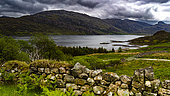 Low stone wall and loch, Landscape of Scotland- Great Britain