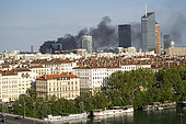 Black smoke from a fire in the Part-Dieu district, Lyon, France