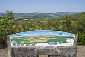 Orientation table and general view of the landscape of the Lot valley from the forest and botanical garden of the Lascrozes plateau in a Natura 2000 area, Villeneuve sur Lot, France.
