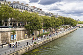 Quai de Seine offering the Paris Plage scheme between the Pont des Arts and the Pont neuf on the lane Georges Pompidou. Tourist attraction and local tourism, Paris, France.
