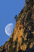 Lune gibbeuse et massif de granite en Corse. Massif des Tre Signore au dessus de Porto en Corse du Sud