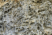 Taffoni in clear granite. Taffoni are caused by the amplification of geochemical and biochemical surface corrosion in initially slightly depressed or porous areas of crystalline rock. This alteration creates honeycomb-shaped alveoli on faces that are damp or exposed to sea spray.