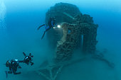 Divers in front of the largest artificial reef ever built for scuba diving (printed in 3D concrete), in the Marine Protected Area of the Agatha coast. This is the first time in the world that such a structure has been submerged. The reef is located off Cap d'Agde, 3 km from the coast, at a depth of 20 m. The module weighs 105 tonnes, measures 6.50 m high, 8 m long and 6 m wide, and offers 430 m3 of diving volume. Immersion will take place in July 2022, as part of the Recif'lab program, supported by the Aire Marine Protégée de la côte agathoise.
