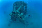 Diver in front of the largest artificial reef ever built for scuba diving (printed in 3D concrete), in the Marine Protected Area of the Agatha coast. This is the first time in the world that such a structure has been submerged. The reef is located off Cap d'Agde, 3 km from the coast, at a depth of 20 m. The module weighs 105 tonnes, measures 6.50 m high, 8 m long and 6 m wide, and offers 430 m3 of diving volume. Immersion will take place in July 2022, as part of the Recif'lab program run by the Aire Marine Protégée de la côte agathoise. An artificial reef to relieve the pressure of scuba diving on natural sites.