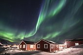 Northern Lights (Aurora Borealis) about Rorbuer huts in winter, Hamnøy, Moskenesøya, Lofoten, Norway, Europe