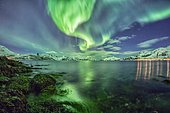 Northern lights at a fjord in Tromso, Norway, Europe