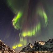 Northern lights (Aurora borealis), sea, mountains, stars, Flakstad, Nordland, Lofoten, Norway, winter Scandinavian landscape, Europe