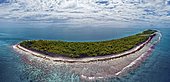 Aerial view of uninhabited island in Fakarava Atoll, typical island landscape, front outer reef, Fakarava Atoll, Tuamotu Archipelago, Tahiti, Society Islands, Leeward Islands, French Polynesia, Oceania