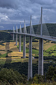 Millau Viaduct, cable-stayed bridge spanning the Tarn valley, Aveyron department, France. Carrying the A75 motorway, it joins the Causse Rouge and Causse du Larzac, crossing a gap 2,460 meters long and 343 meters deep at its highest point.
