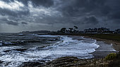 Gulf of Morbihan - France. Storm in the Gulf of Morbihan, Atlantic Ocean. Port of Saint Jacques-Sarzeau, beach of Saint Jacques-Sarzeau, waves in the Atlantic Ocean.
