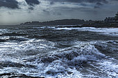 Gulf of Morbihan - France. Storm in the Gulf of Morbihan, Atlantic Ocean. Port of Saint Jacques-Sarzeau, beach of Saint Jacques-Sarzeau, waves in the Atlantic Ocean.