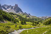 Rivière La Clarée, le massif des Cerces (3093 m) en arrière-plan, haute vallée de la Clarée, Névache, Hautes-Alpes, France