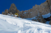 Skier jumping a serac, Las Leñas, Mendoza province, Patagonia, Argentina