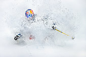Close-up of a skier in powder snow, San Martino di Castrozza, Dolomites , Italy