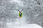 Back flip skier in the forest, Rosa Kutor, Sotchi, Caucasus, Russia