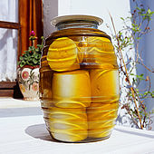 Large jar of 'Ladotyri' cheese, a local speciality, matured in extra virgin olive oil, Lesvos, Greece