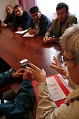 Professor Fabio Brugnoli, italian wine expert from Montefiascone, Umbria, explaining the latest techniques to a group of local wine-makers, Suk, Province of Permet, Albania