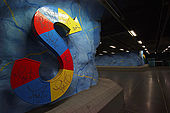 Sweden, Stockholm, Tunnelbana or T-bana (subway), Stadion station, 'the rainbow' by Ake Pallarp